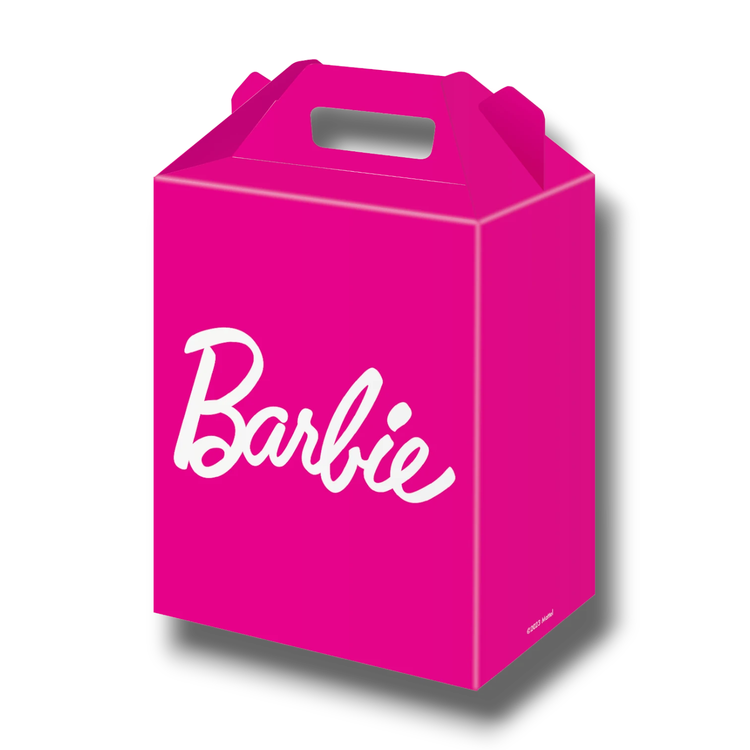 Caja para dulces PartyStore de color rosa intenso con el logotipo de Barbie en blanco, ideal para fiestas infantiles.