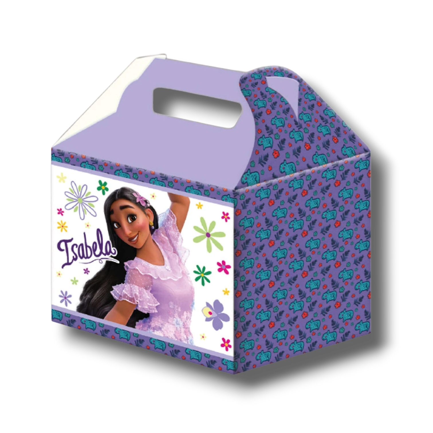 Caja para dulces PartyStore con diseño de Isabela de Encanto, color morado y estampado floral