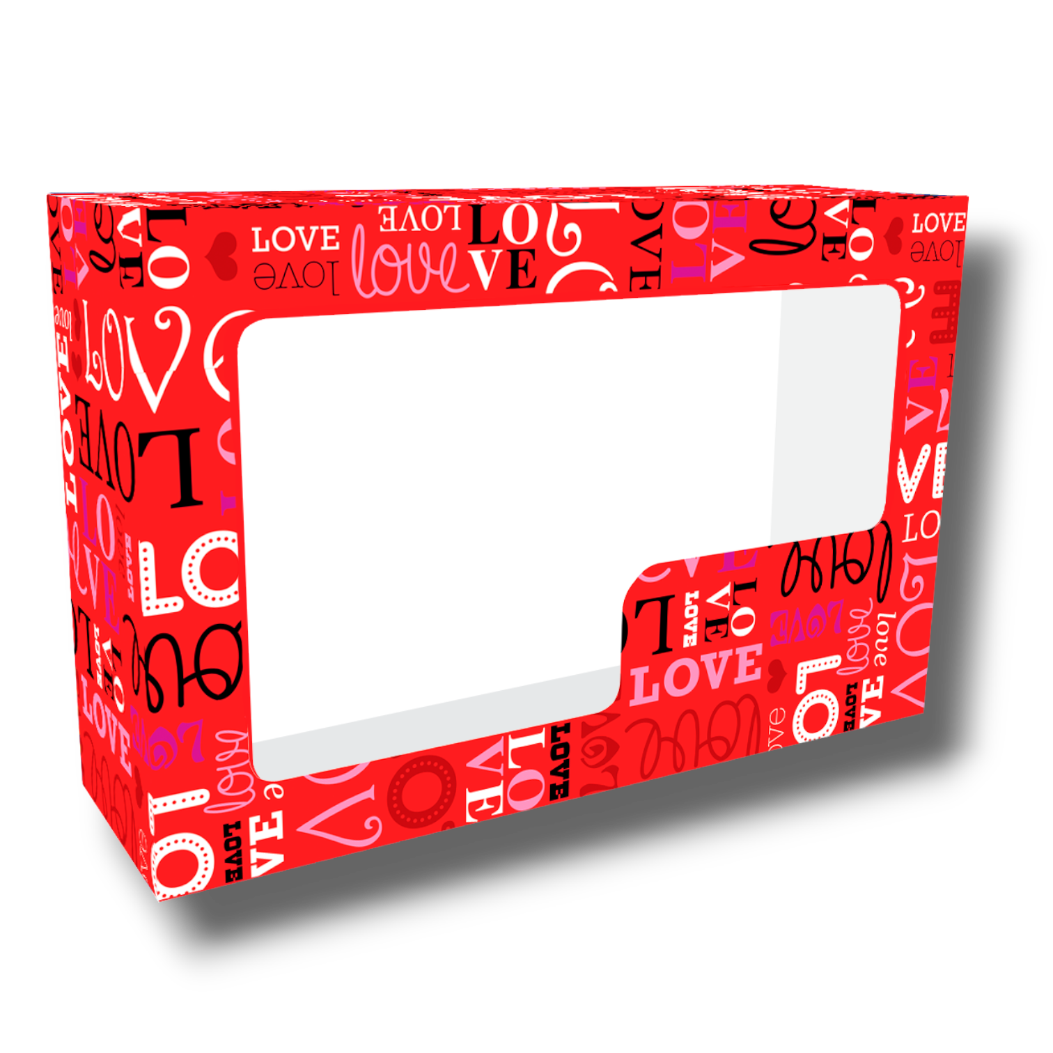 Caja lunch PartyStore roja con estampado de corazones y la palabra Love en varios estilos y colores