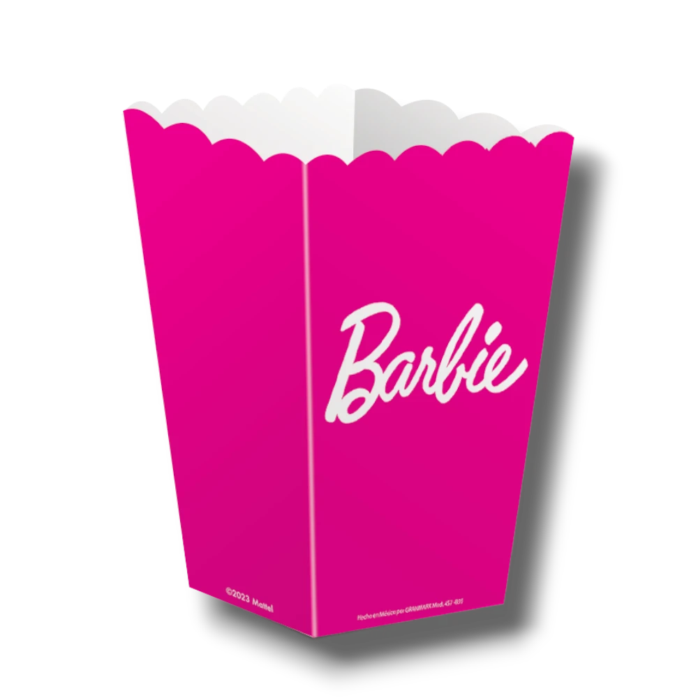 Caja de palomitas PartyStore color rosa intenso con el logo de Barbie para fiestas temáticas