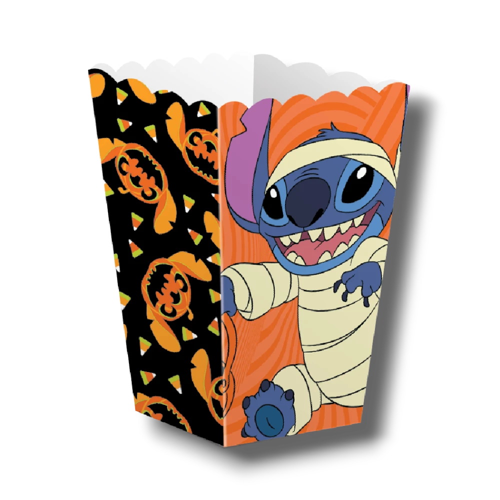 Caja de palomitas PartyStore con diseño de Stitch disfrazado de momia para Halloween en colores naranja y negro