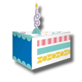 Caja de regalo PartyStore con forma de porción de pastel, decorada con patrones coloridos y una vela de papel