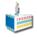 Caja de regalo PartyStore con forma de porción de pastel, decorada con patrones coloridos y una vela de papel