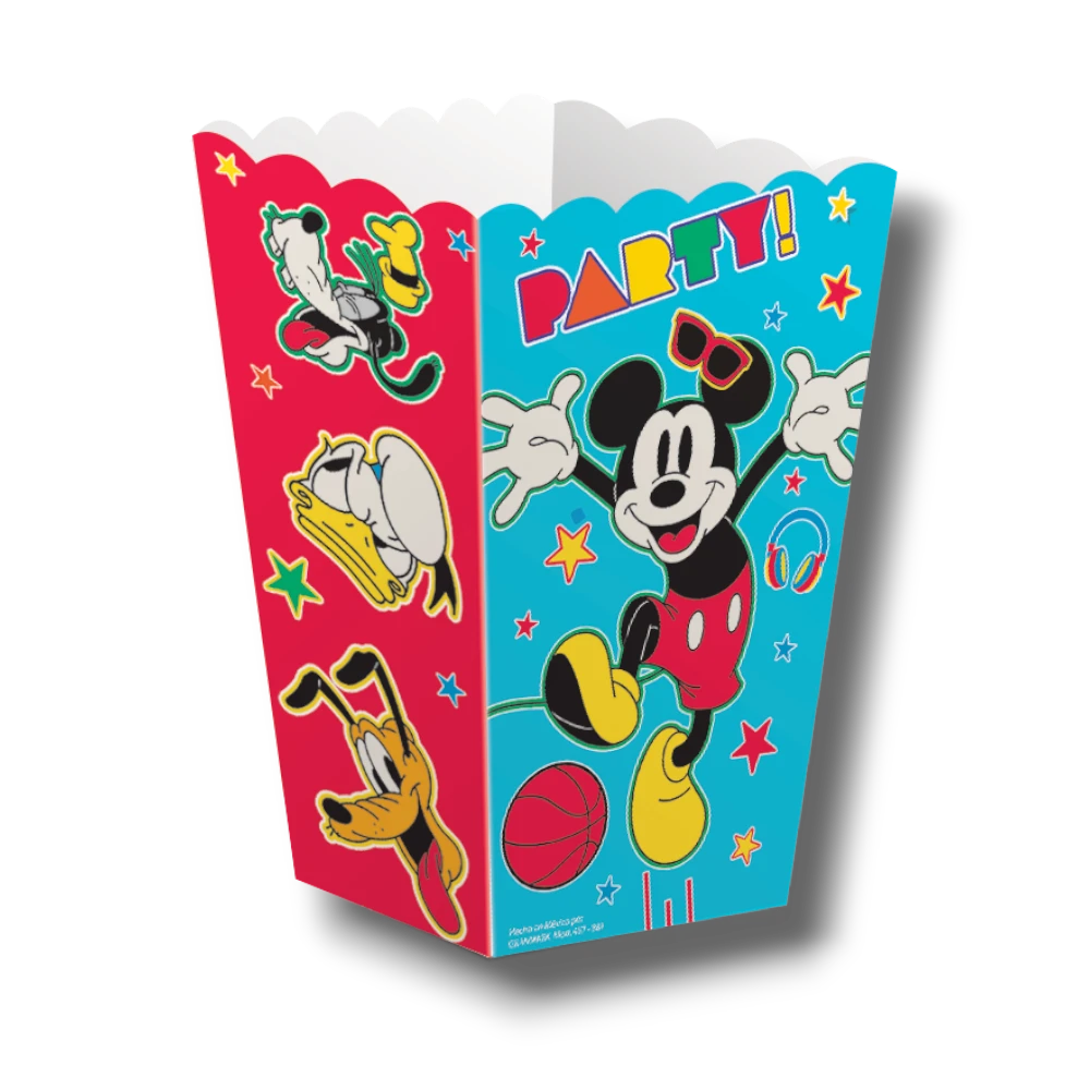 Cajita de cartón PartyStore con diseño de Mickey Mouse y sus amigos, ideal para dulces y decoraciones de fiestas.