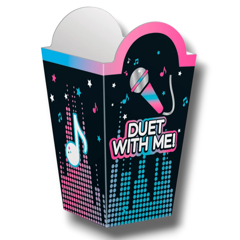 Cajita de cartón PartyStore con diseño musical, micrófono y texto Duet With Me en colores neón sobre fondo negro