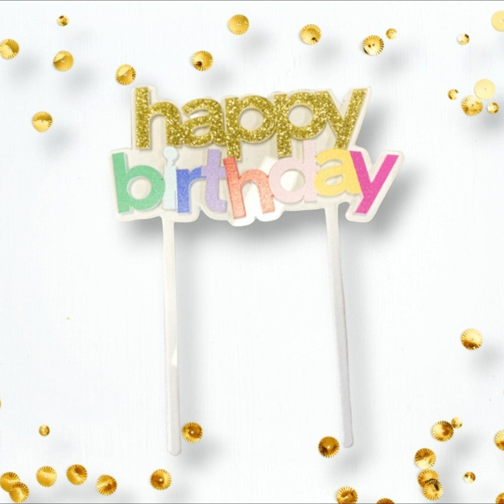 Cake topper PartyStore con letras happy birthday en purpurina dorada y colores pastel sobre fondo blanco