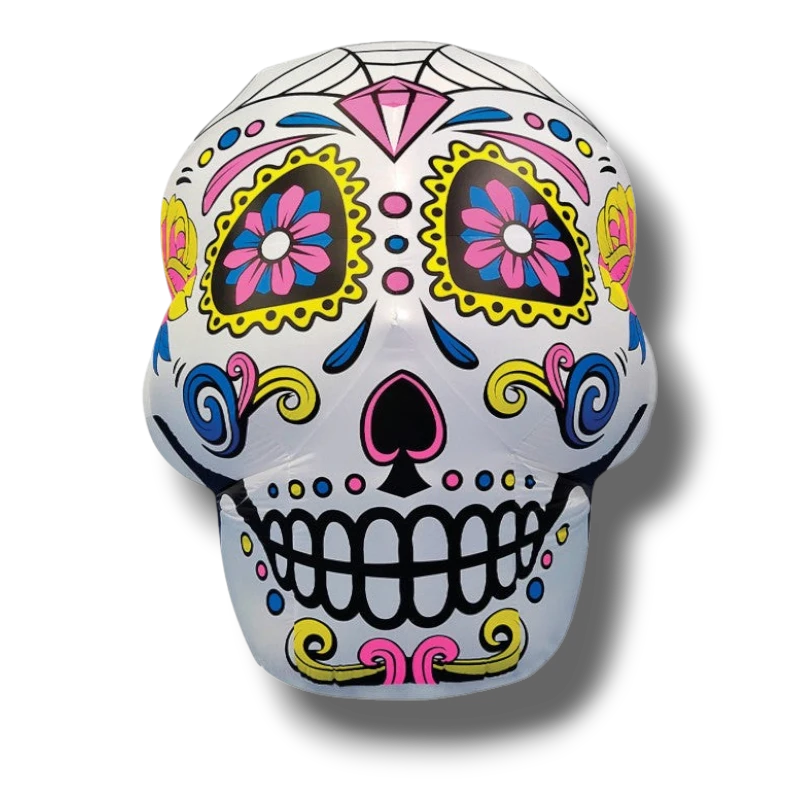 Calaverita inflable PartyStore con diseño de catrina tradicional en colores vibrantes, ideal para decoración de Día de Muertos.
