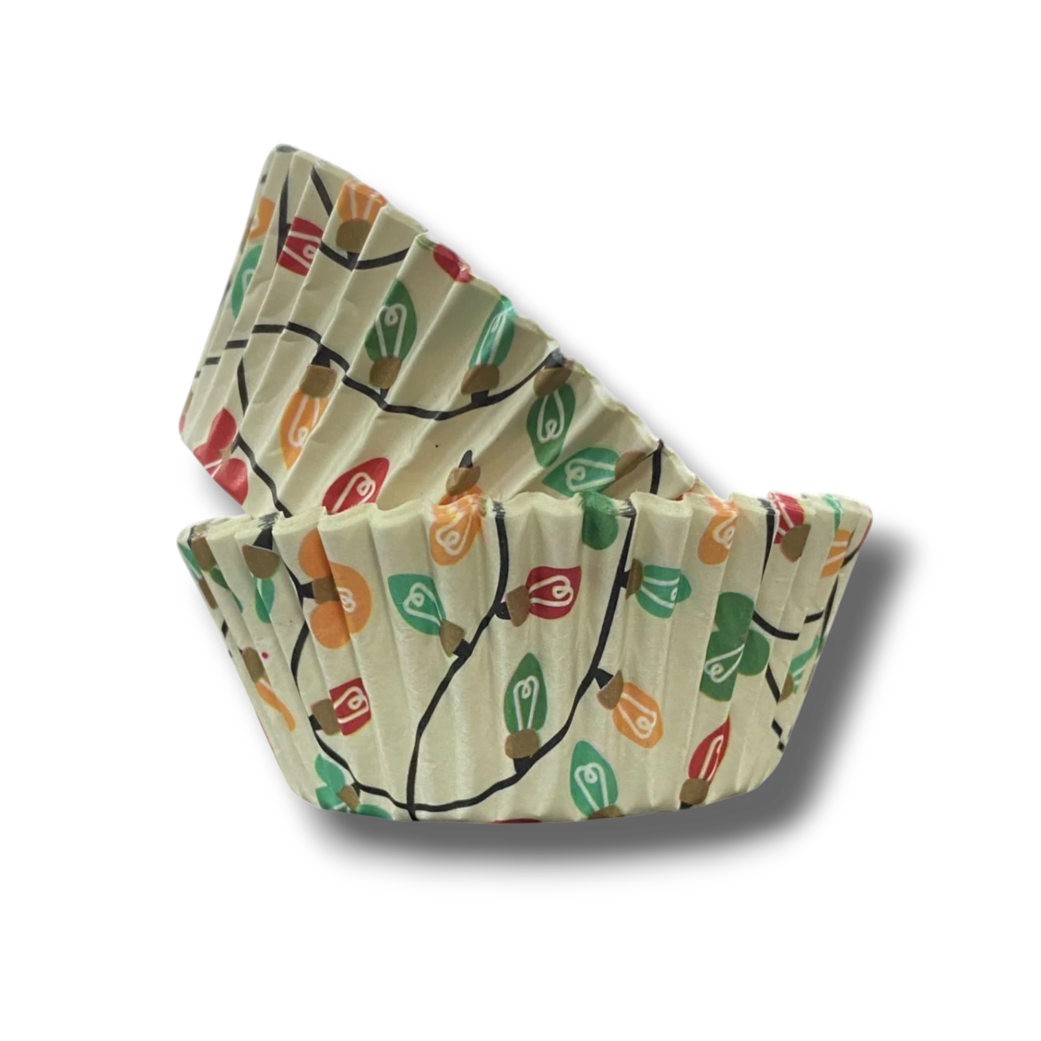 Capacillos PartyStore de papel con estampado de focos navideños coloridos sobre fondo crema para cupcakes