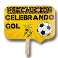 Cartel de mano PartyStore con diseño amarillo de precaución, balón de fútbol y confeti para celebrar un gol.