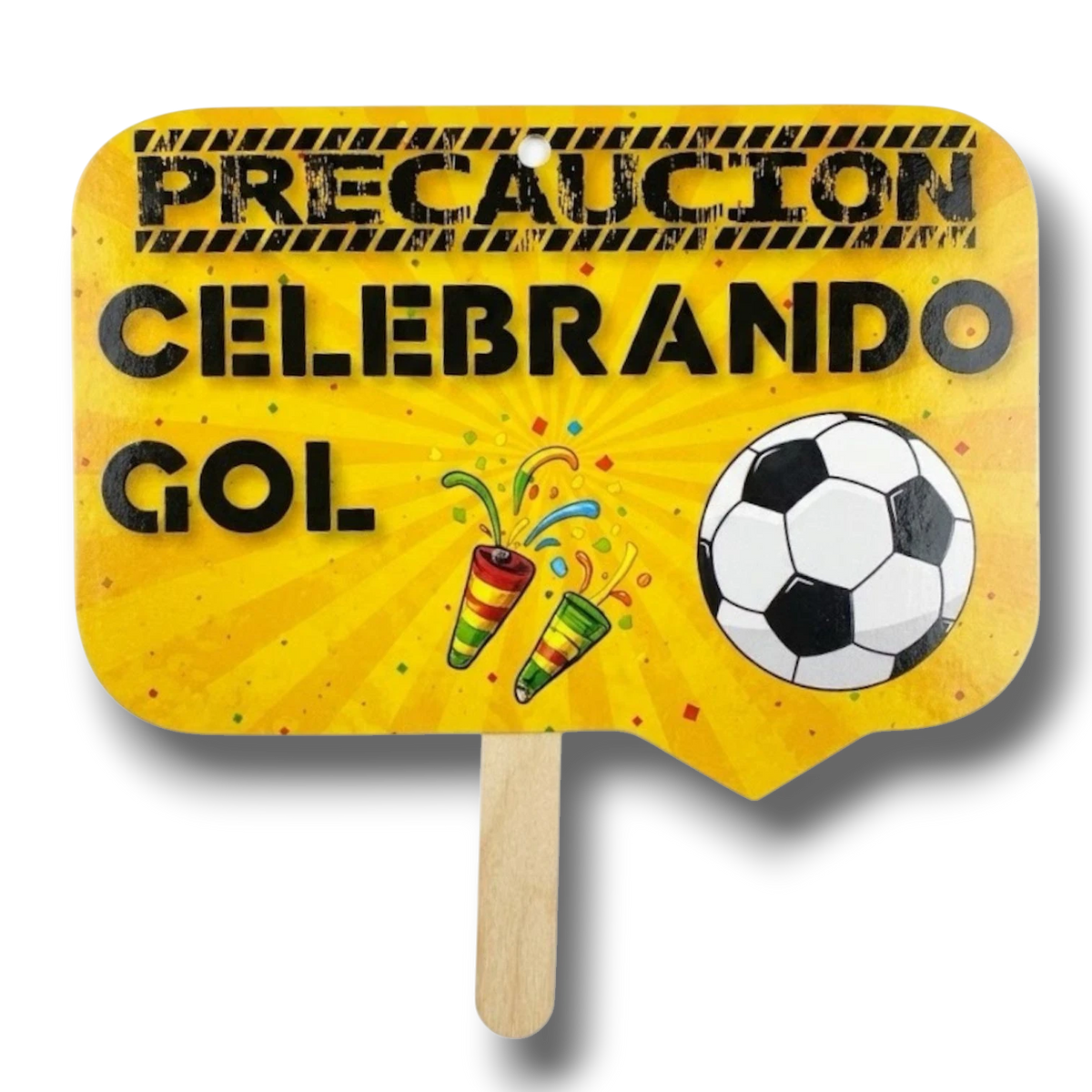 Cartel de mano PartyStore con diseño amarillo de precaución, balón de fútbol y confeti para celebrar un gol.