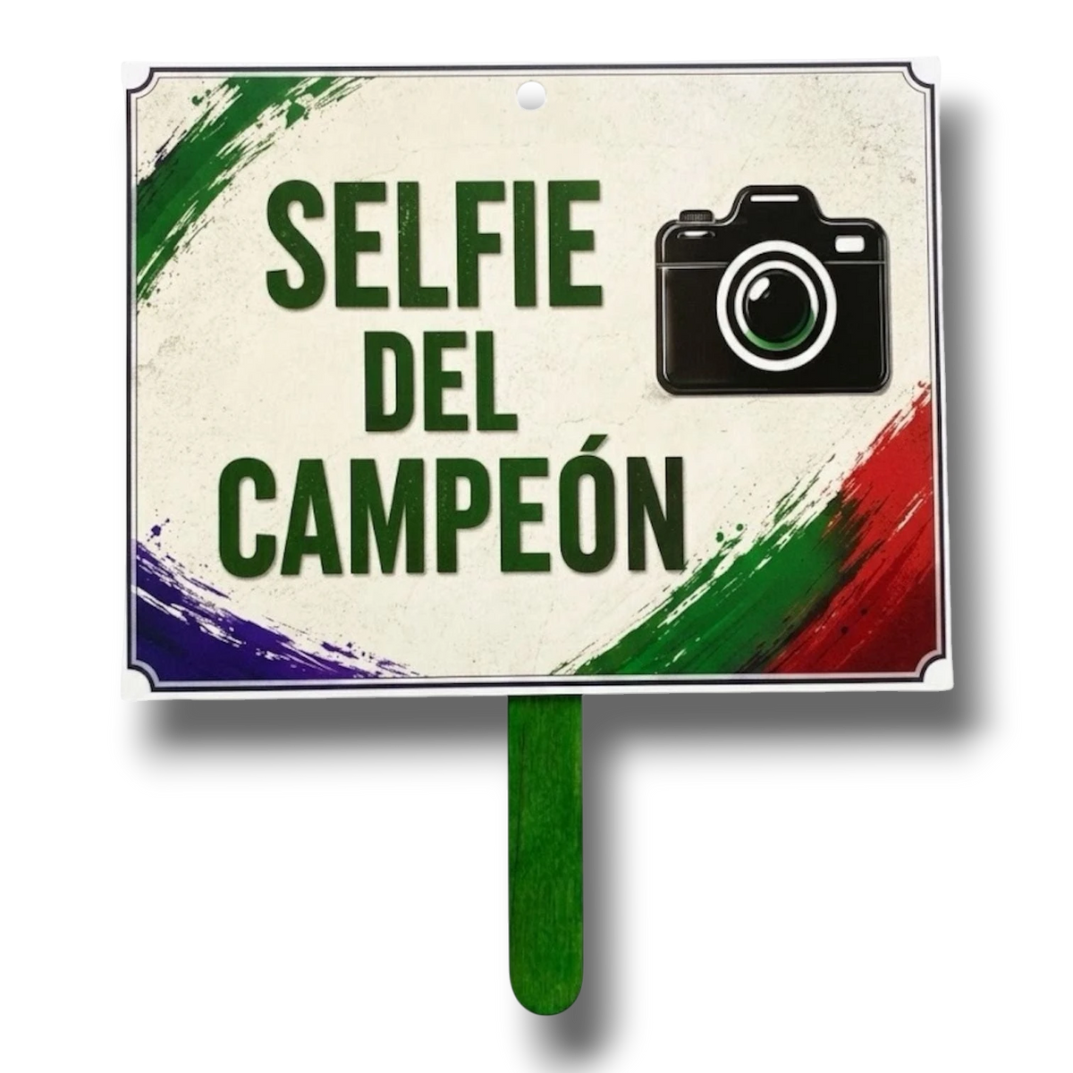 Cartel de mano PartyStore con texto Selfie del Campeón y diseño de cámara, ideal para accesorios de fotocabina.