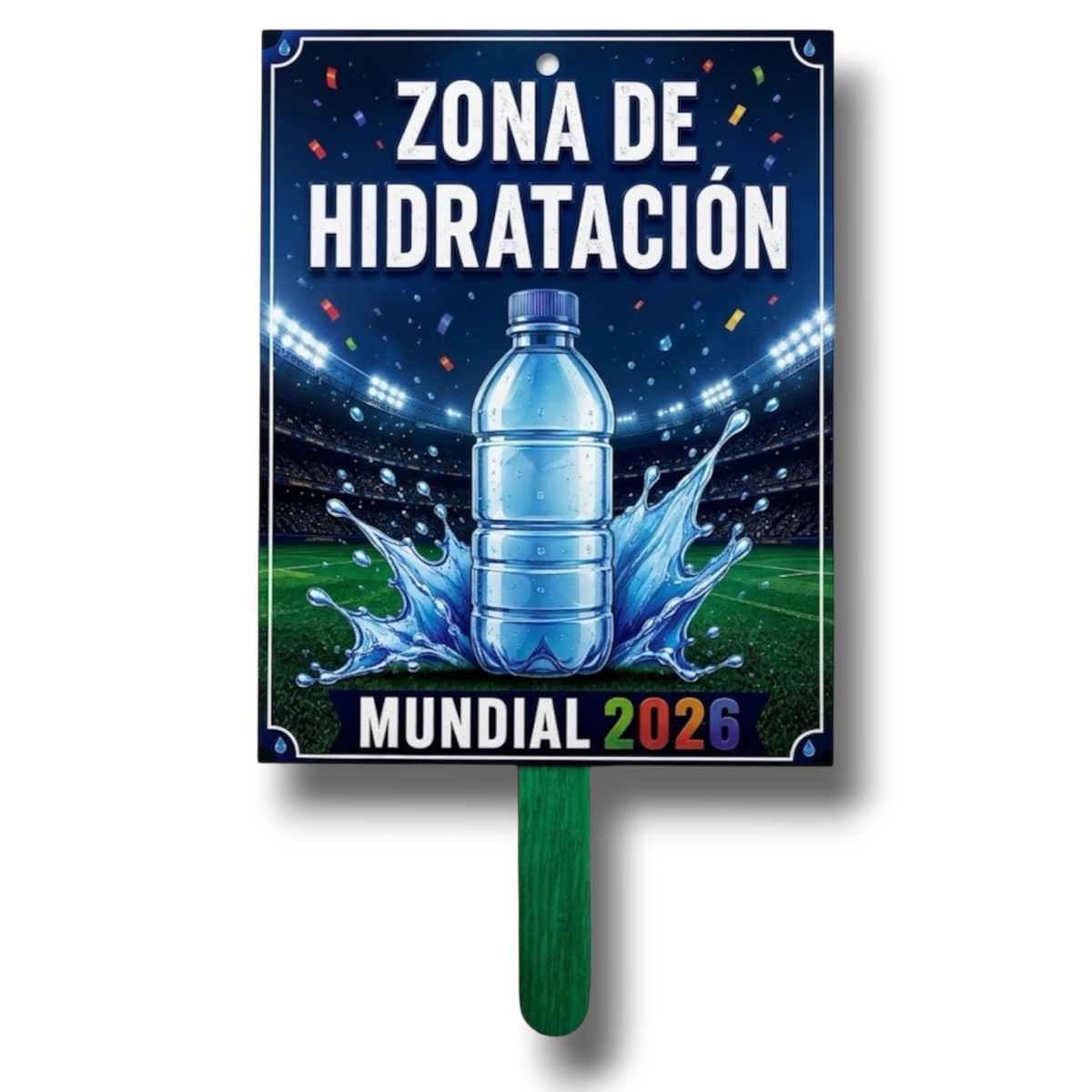 Cartel de mano PartyStore Zona de Hidratación con diseño de botella de agua y estadio para Mundial 2026