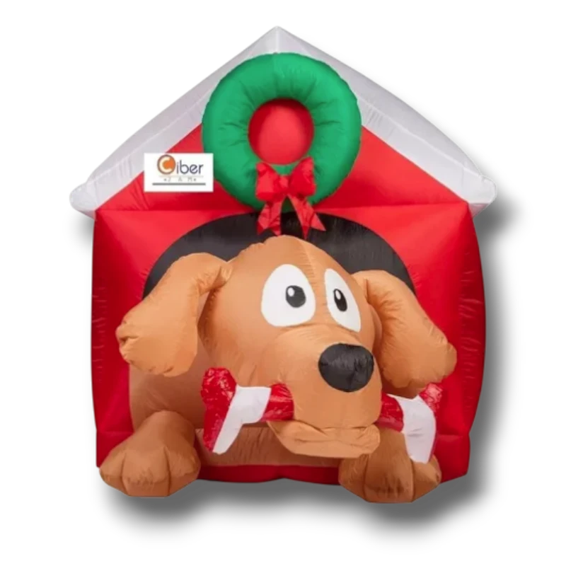 Decoración navideña inflable PartyStore de 1.5 m con forma de casita roja y perrito café sosteniendo un hueso