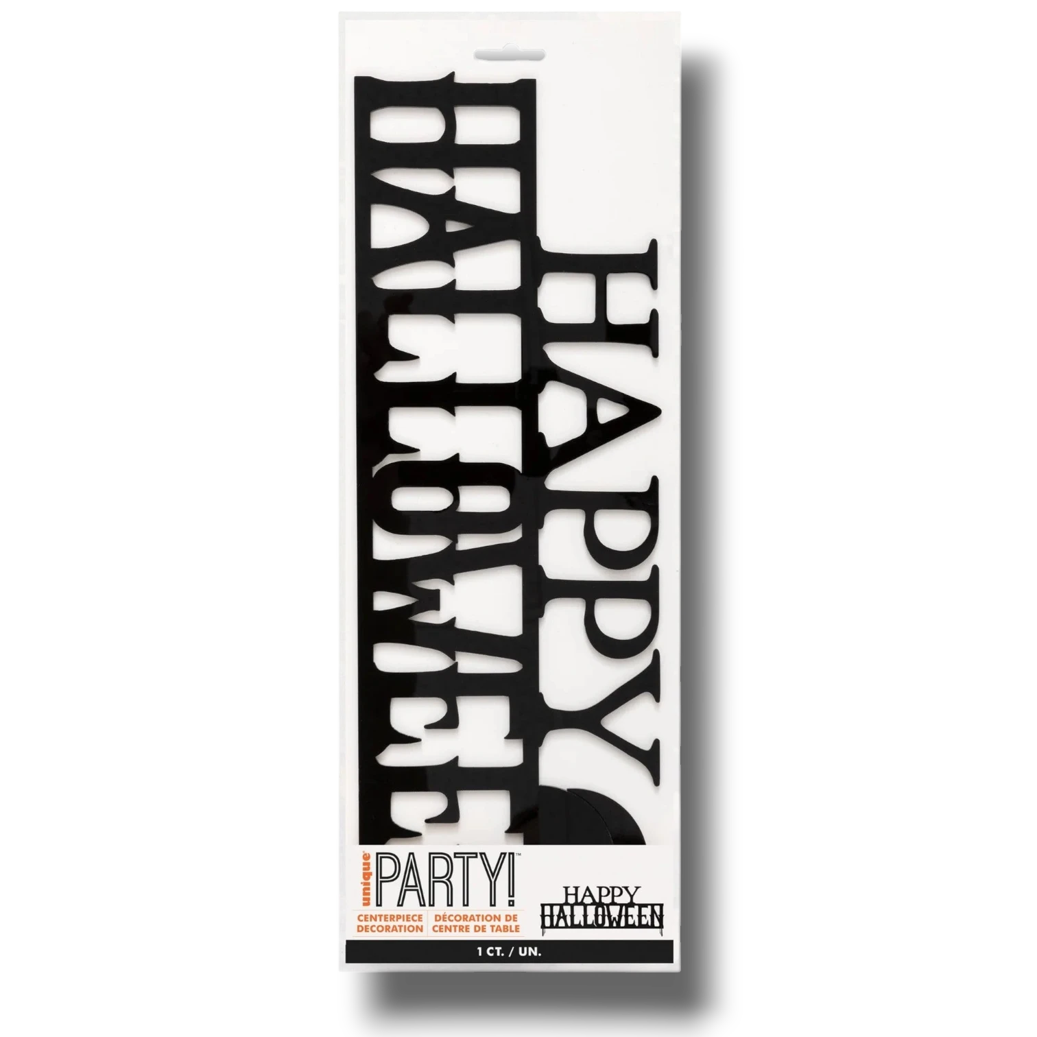 Centro de mesa PartyStore de acrílico negro con el texto Happy Halloween en tipografía elegante para decoración