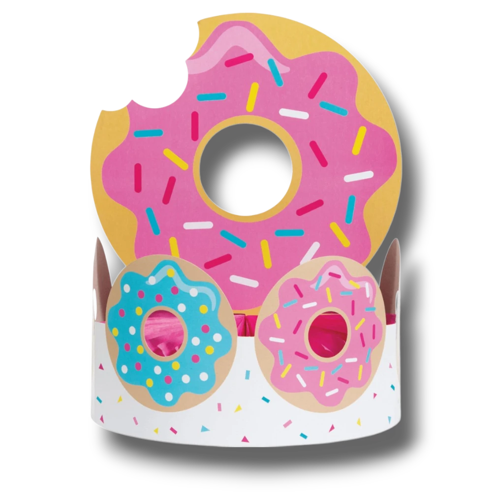 Centro de mesa PartyStore con diseño de donuts coloridos, ideal para decoración de fiestas temáticas.