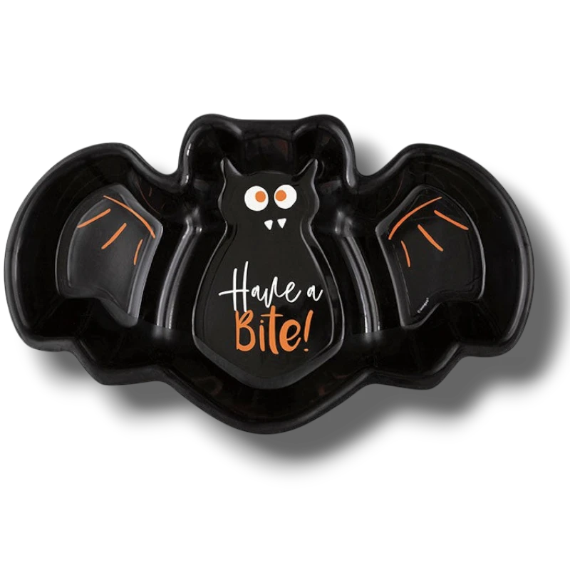 Charola de plástico negra con forma de murciélago de PartyStore, diseño de Halloween con texto Have a Bite