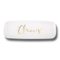 Charola rectangular blanca PartyStore con la palabra Cheers en letras doradas y detalles de estrellas brillantes