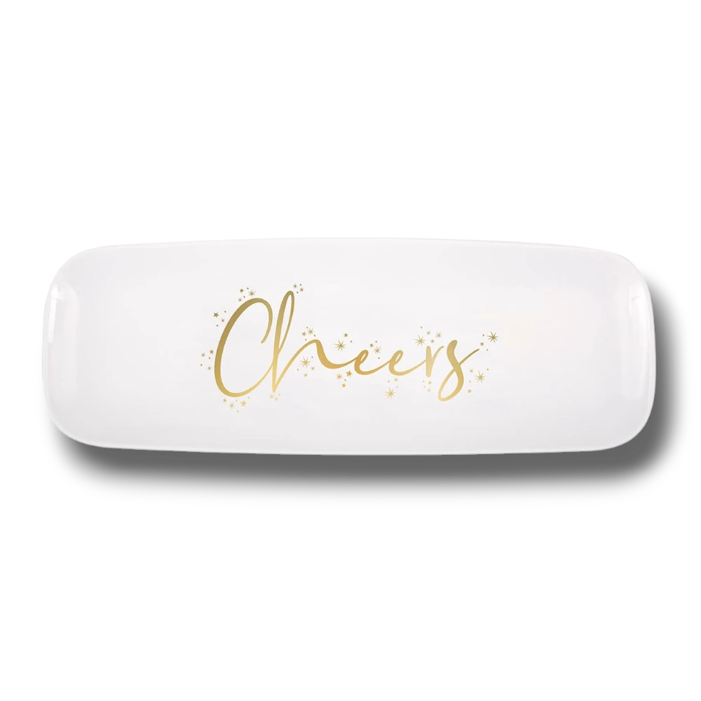 Charola rectangular blanca PartyStore con la palabra Cheers en letras doradas y detalles de estrellas brillantes