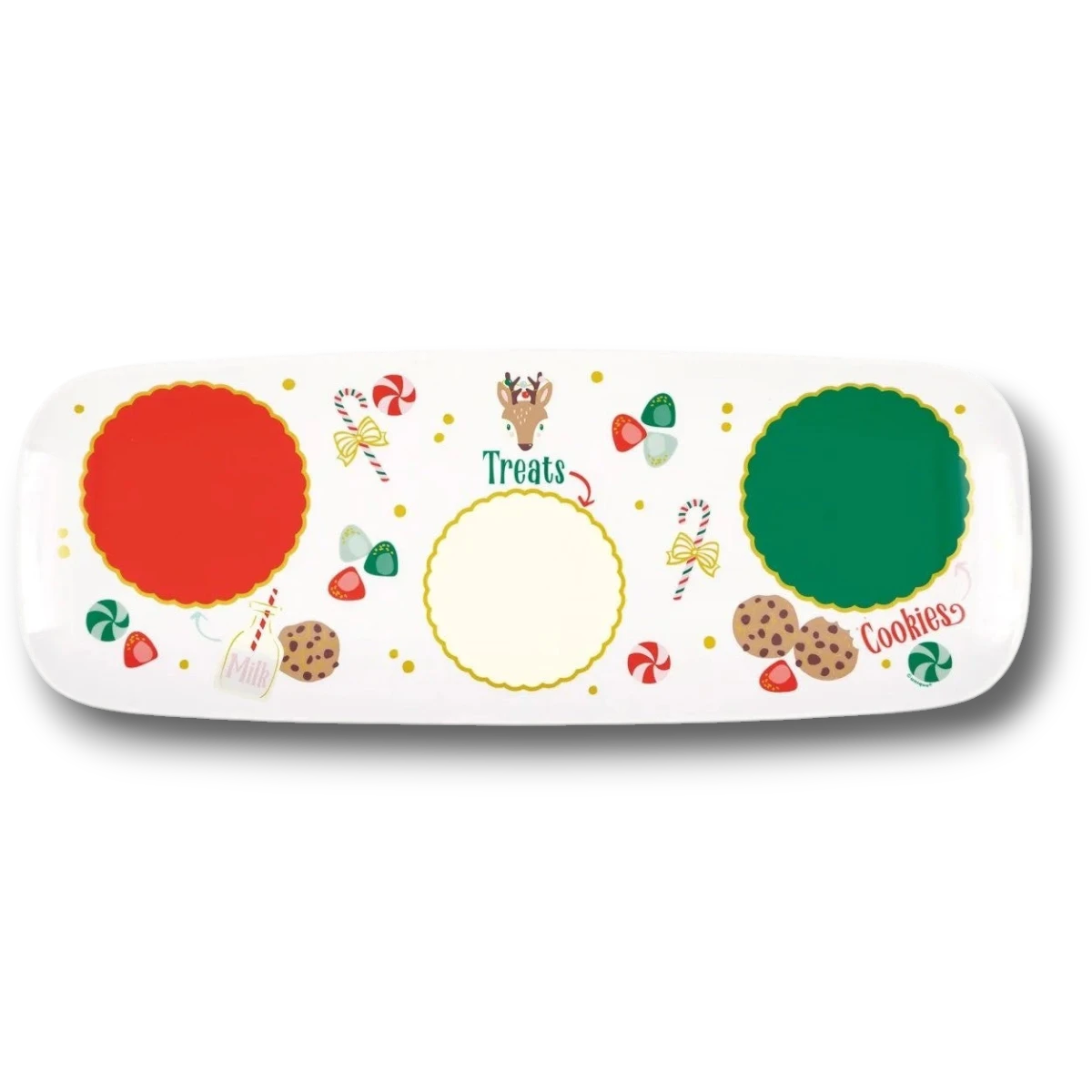 Charola rectangular PartyStore para galletas navideñas con diseño de reno, bastones de caramelo y espacios de color