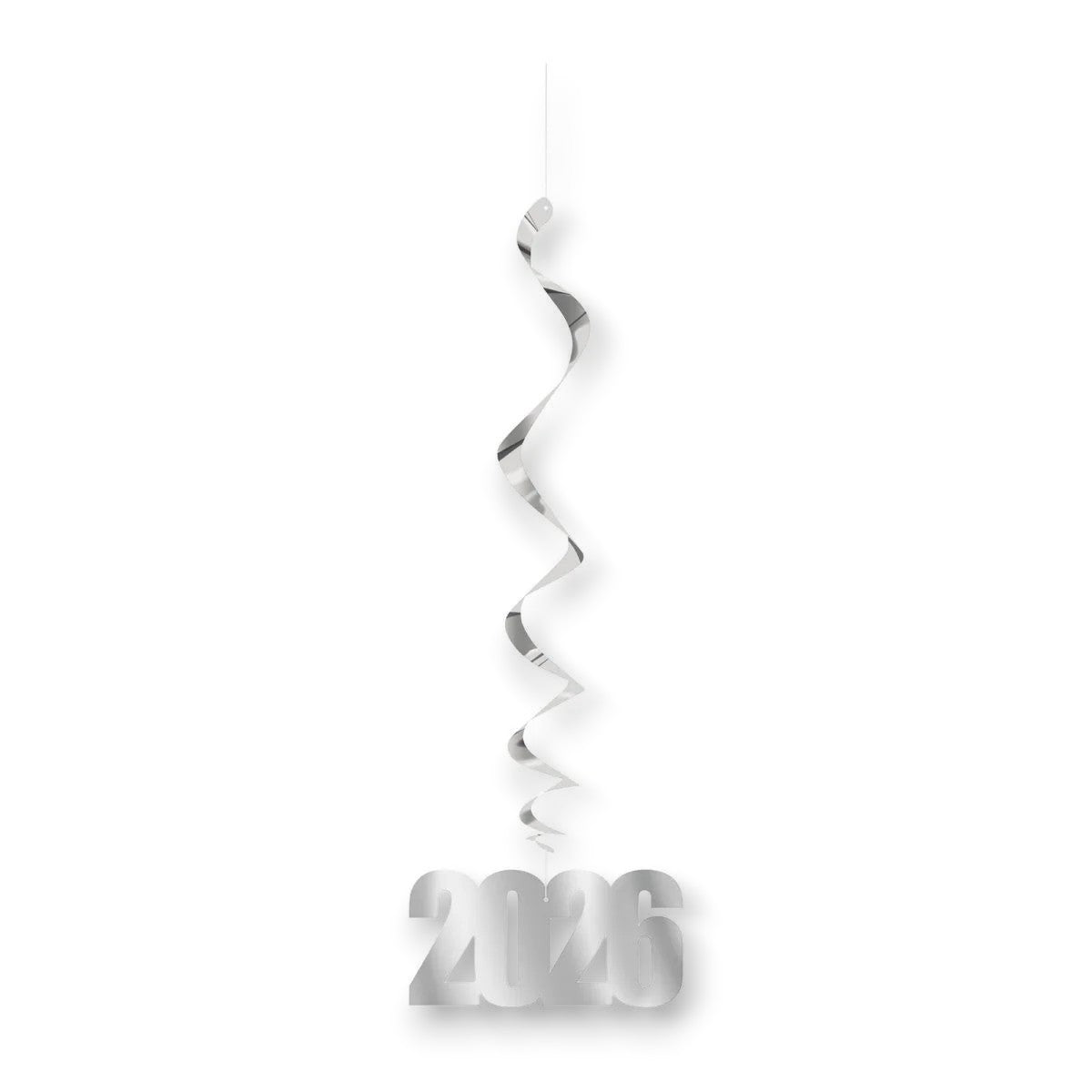 Colgantes espirales plateados PartyStore con el número 2026 para decoración de Año Nuevo