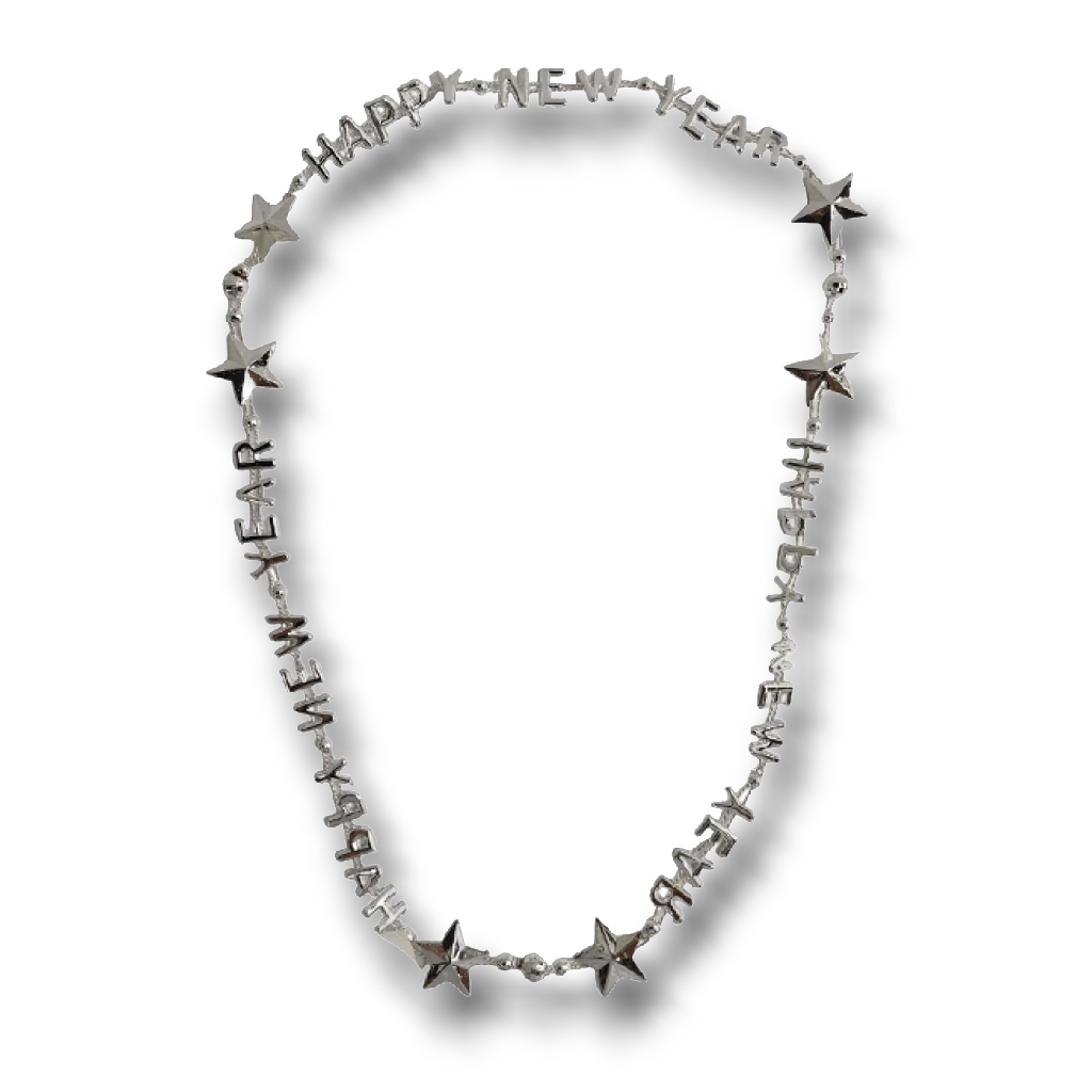 Collar PartyStore de Año Nuevo en color plata con letras Happy New Year y detalles de estrellas decorativas