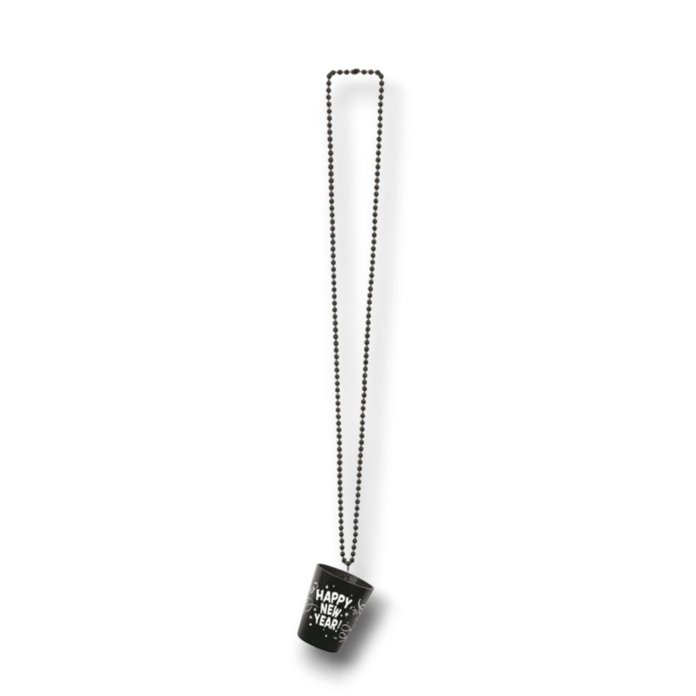 Collar de vaso de chupito negro PartyStore con texto Happy New Year para celebraciones de Año Nuevo