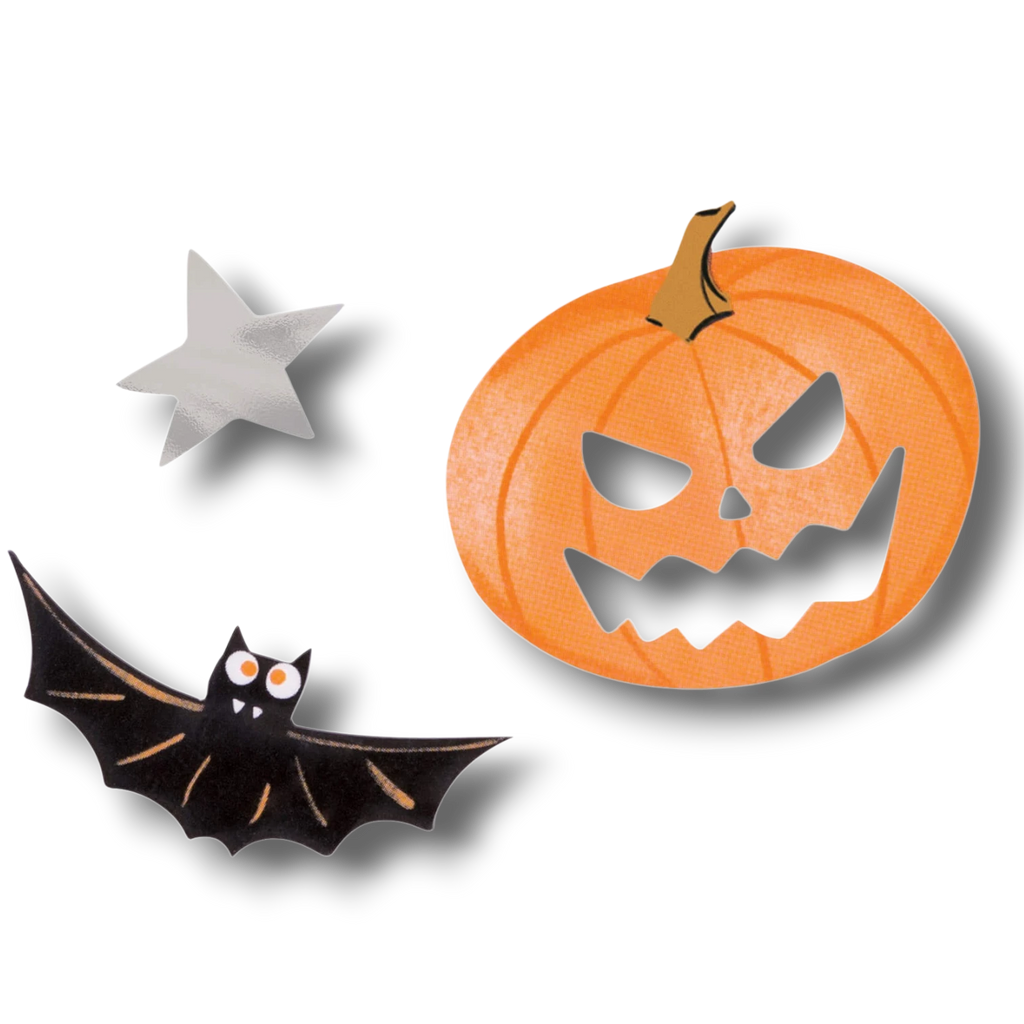 Confeti de Halloween PartyStore con formas de calabaza naranja, murciélago negro y estrella plateada brillante