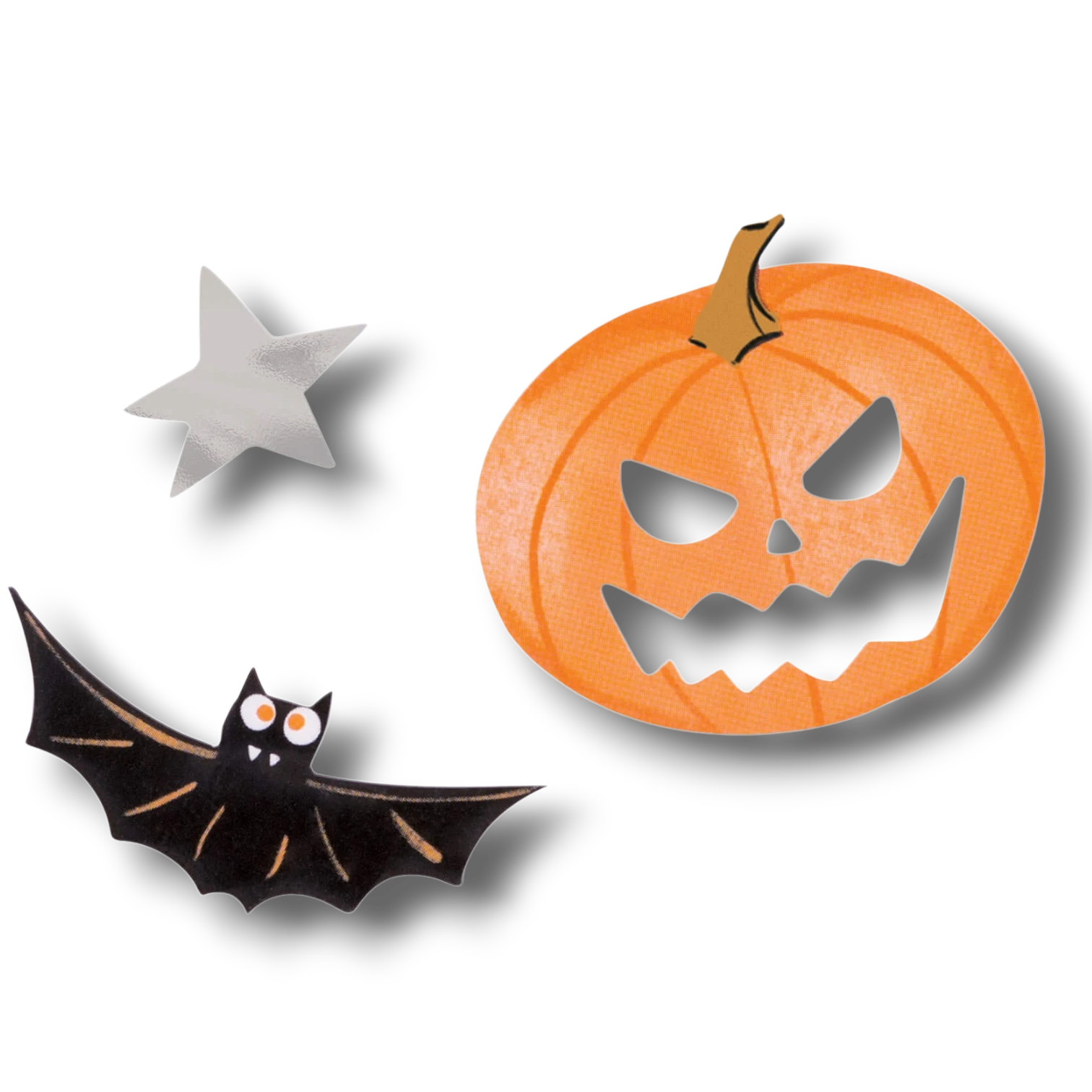 Confeti de Halloween PartyStore con formas de calabaza naranja, murciélago negro y estrella plateada brillante