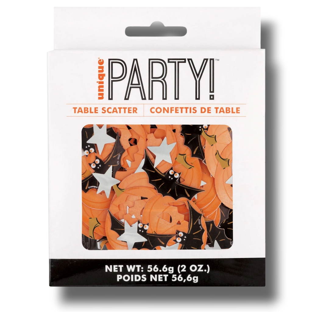 Confeti de Halloween PartyStore con formas de calabazas naranjas, murciélagos negros y estrellas plateadas
