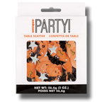 Confeti de Halloween PartyStore con formas de calabazas naranjas, murciélagos negros y estrellas plateadas