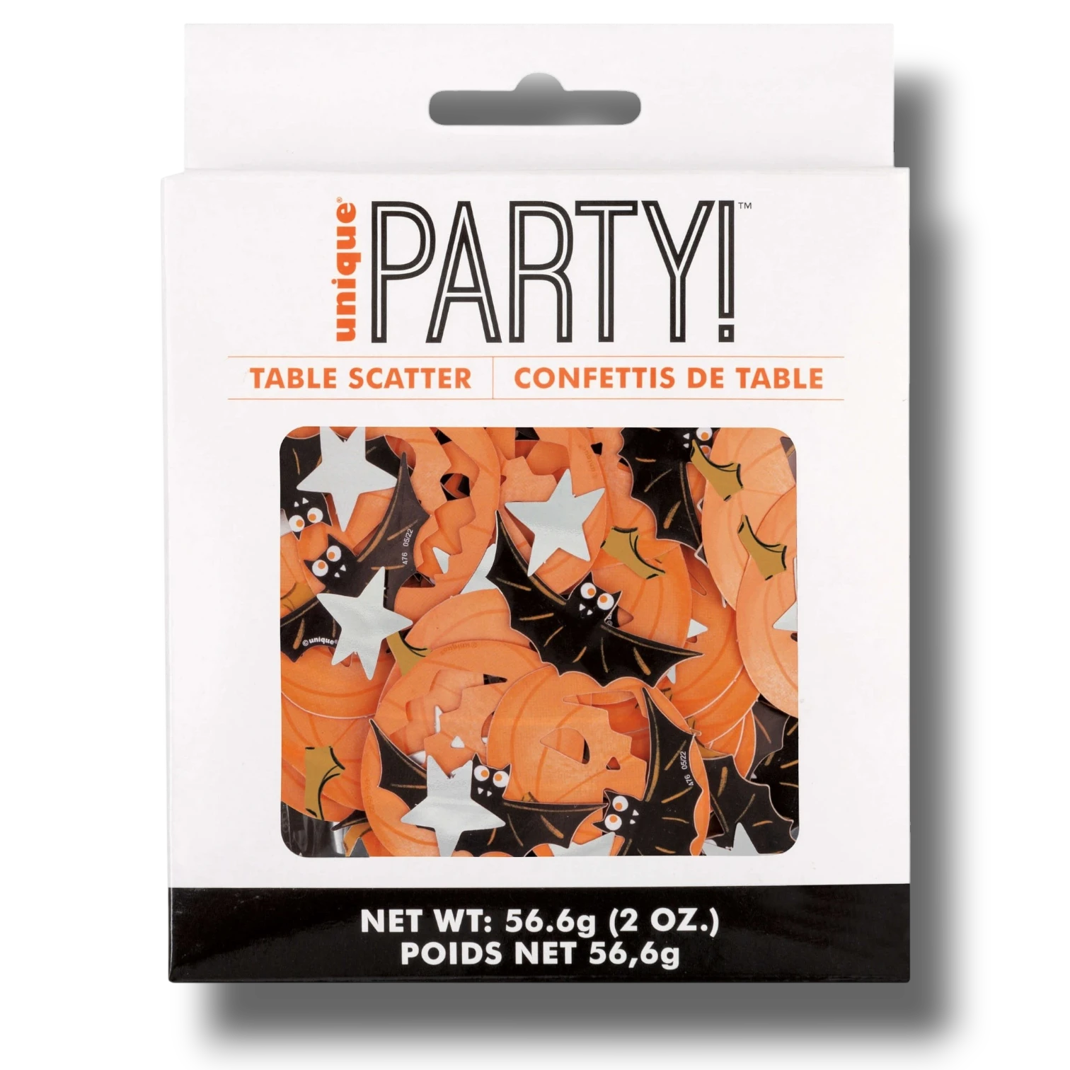 Confeti de Halloween PartyStore con formas de calabazas naranjas, murciélagos negros y estrellas plateadas