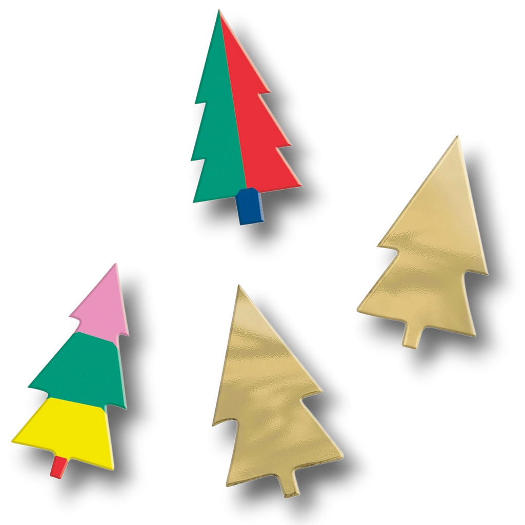 Confeti navideño PartyStore con formas de abetos en colores vibrantes, rojo, verde, rosa, amarillo y dorado metálico