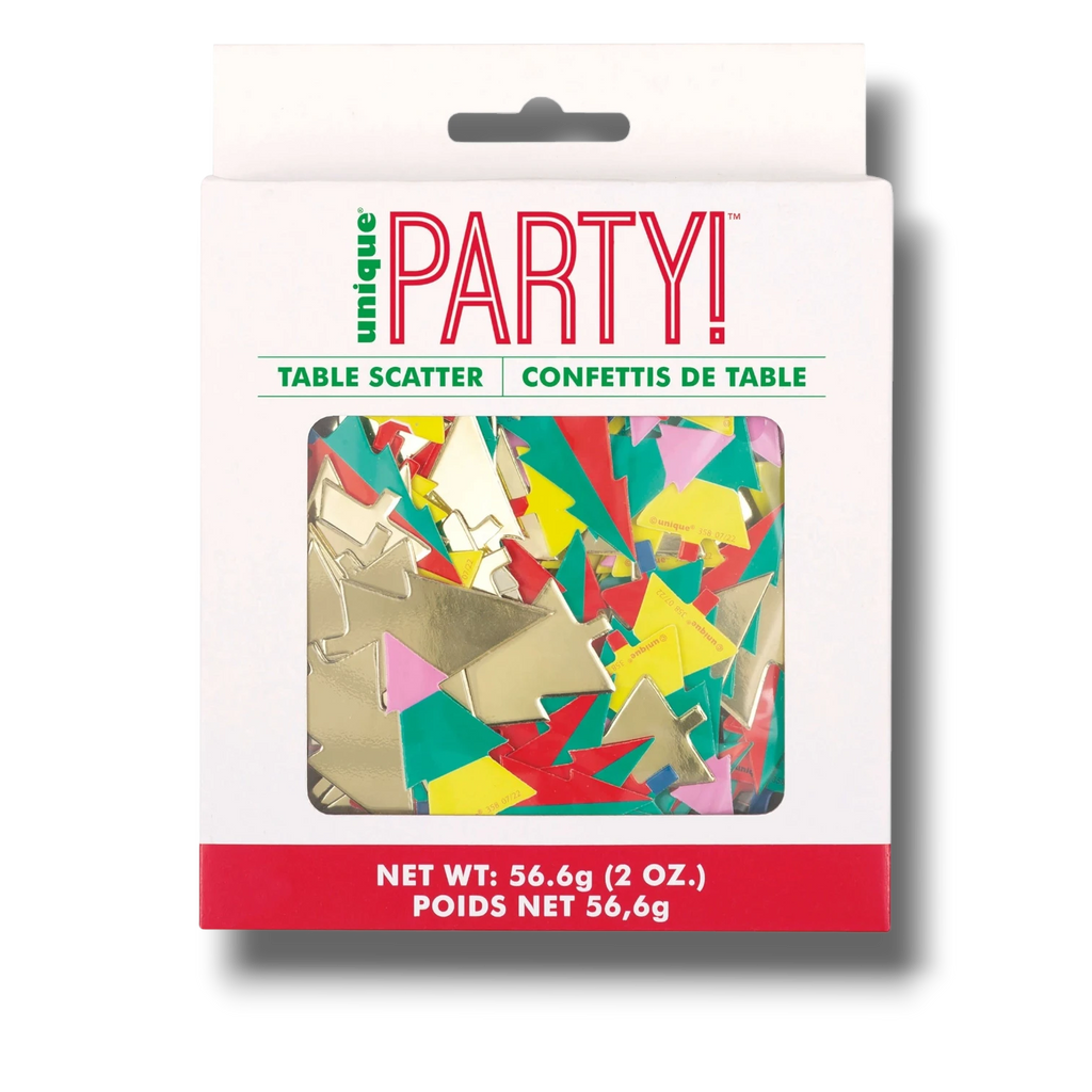 Confeti navideño PartyStore con formas de árboles en colores vibrantes, dorado, rojo y verde para decoración de mesa