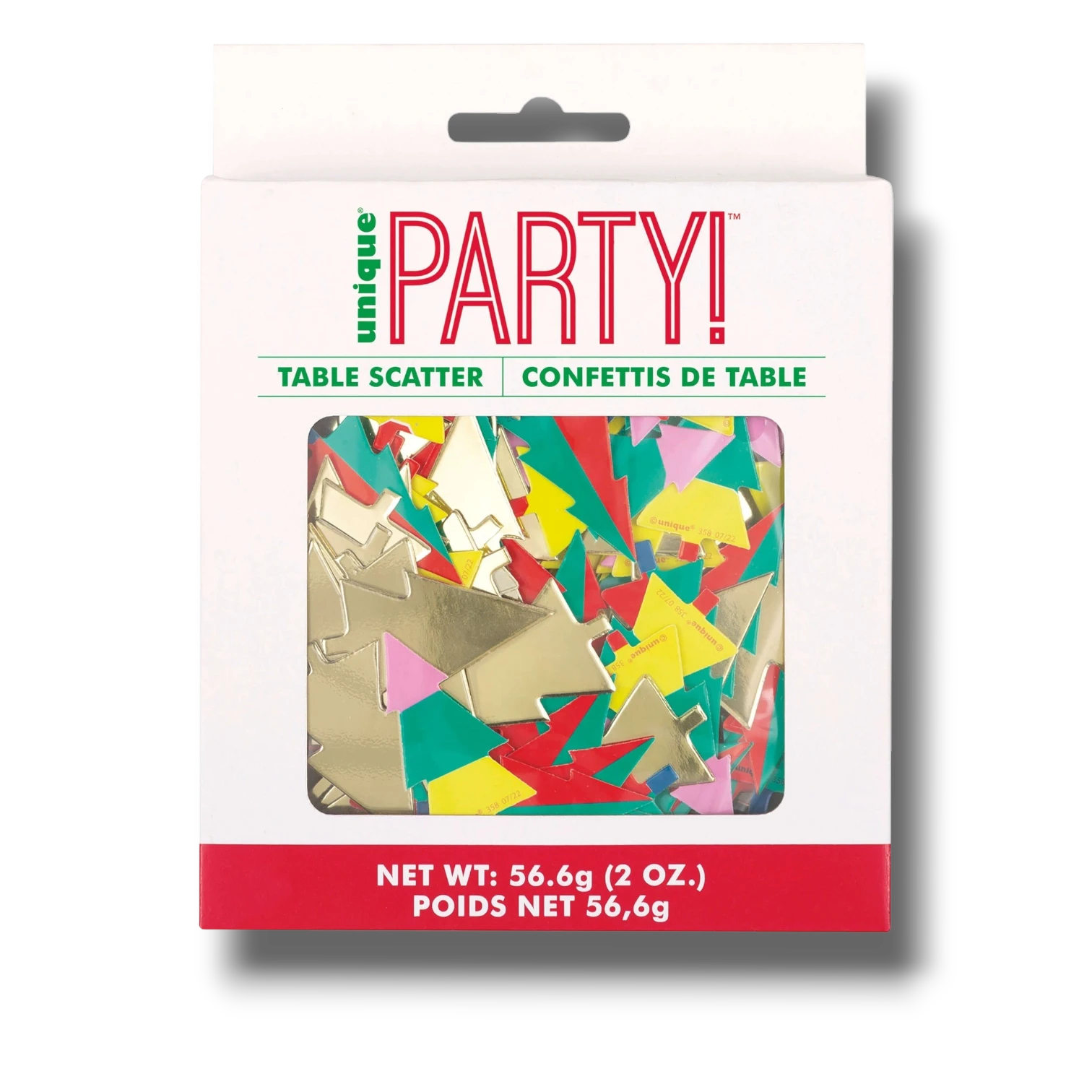 Confeti navideño PartyStore con formas de árboles en colores vibrantes, dorado, rojo y verde para decoración de mesa