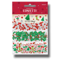 Confeti navideño PartyStore con formas de bastones de caramelo, árboles y calcetines en colores rojo, verde y blanco.