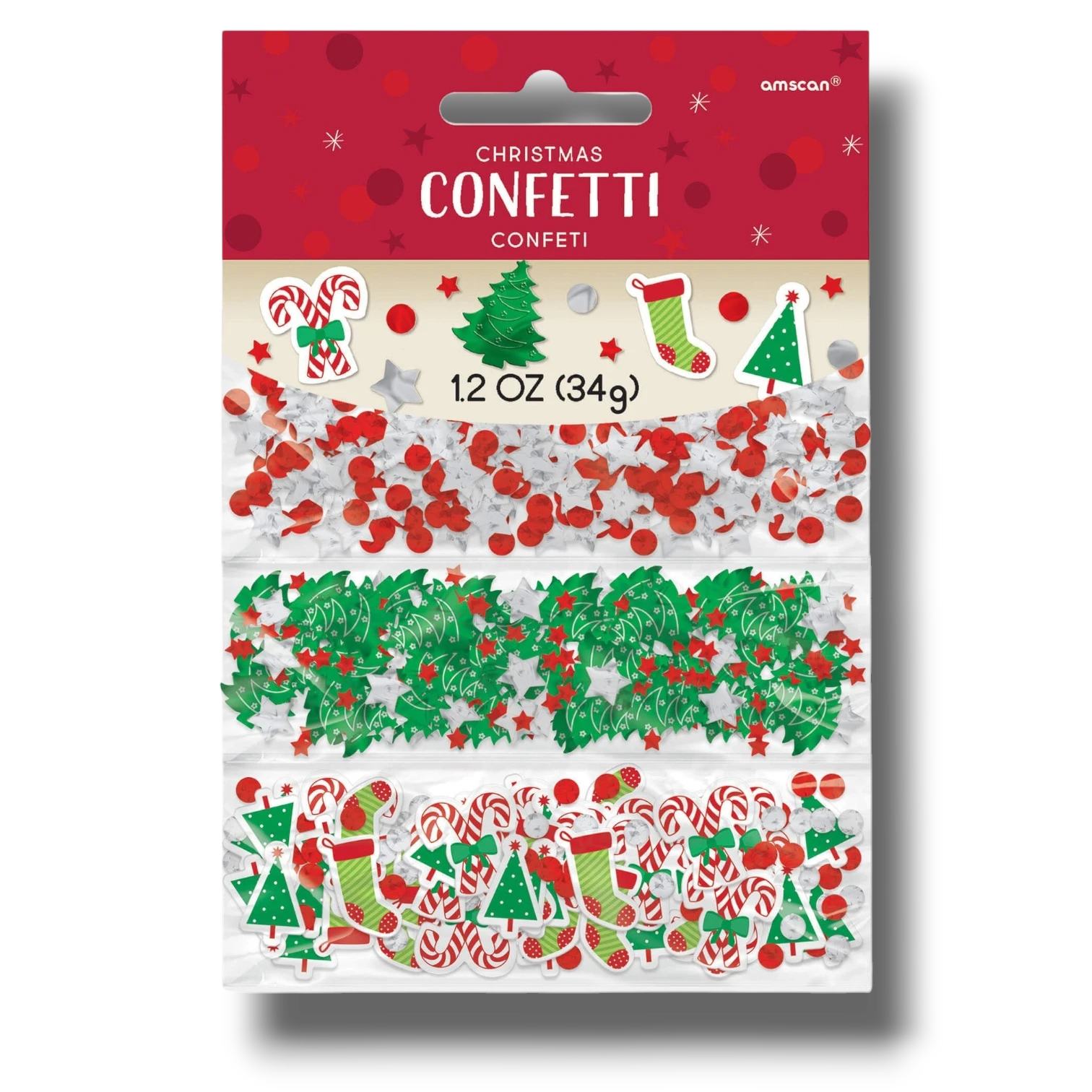 Confeti navideño PartyStore con formas de bastones de caramelo, árboles y calcetines en colores rojo, verde y blanco.