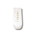 Copa de champán PartyStore de 9oz transparente con la palabra Cheers en letras doradas y detalles de burbujas