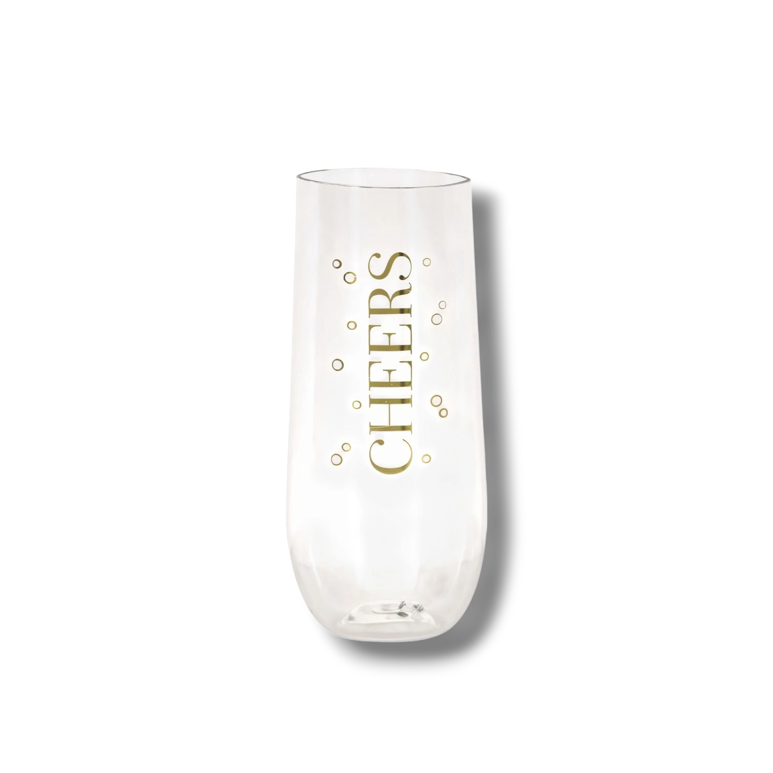 Copa de champán PartyStore de 9oz transparente con la palabra Cheers en letras doradas y detalles de burbujas