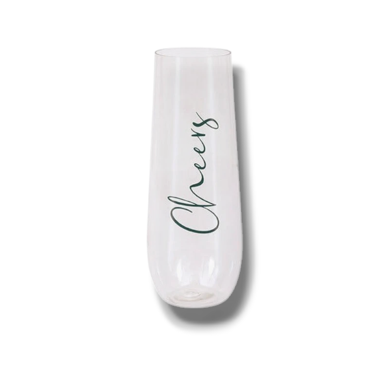 Copa de champán PartyStore transparente sin tallo con la palabra Cheers escrita en cursiva verde oscuro