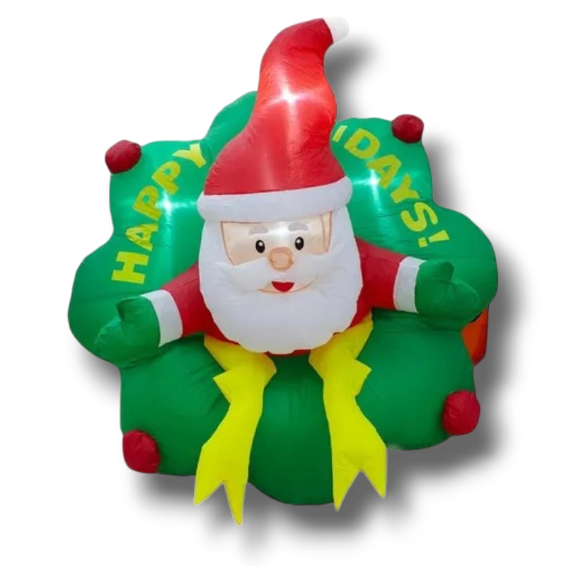 Corona navideña inflable PartyStore de 1.5 metros con Santa Claus y letrero Happy Holidays en colores rojo y verde