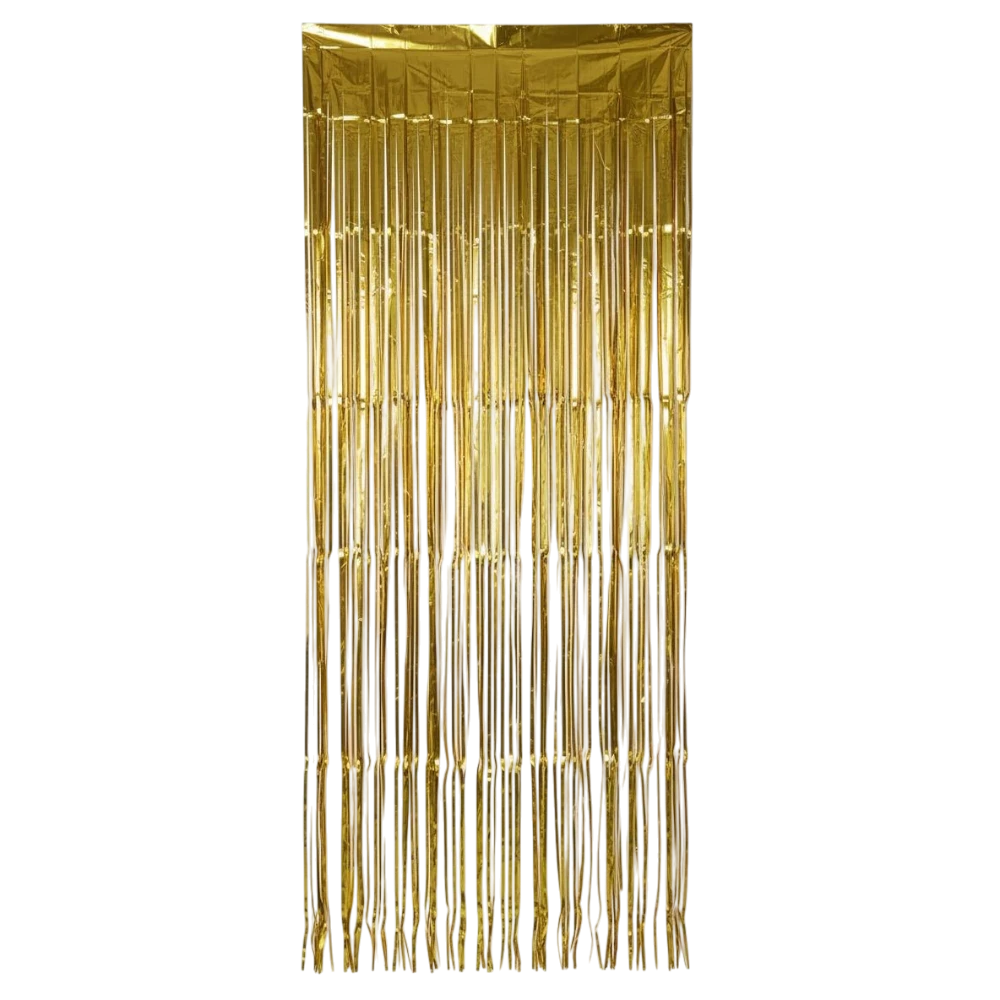 Cortina decorativa PartyStore de flecos metálicos en color dorado mate para fiestas y eventos