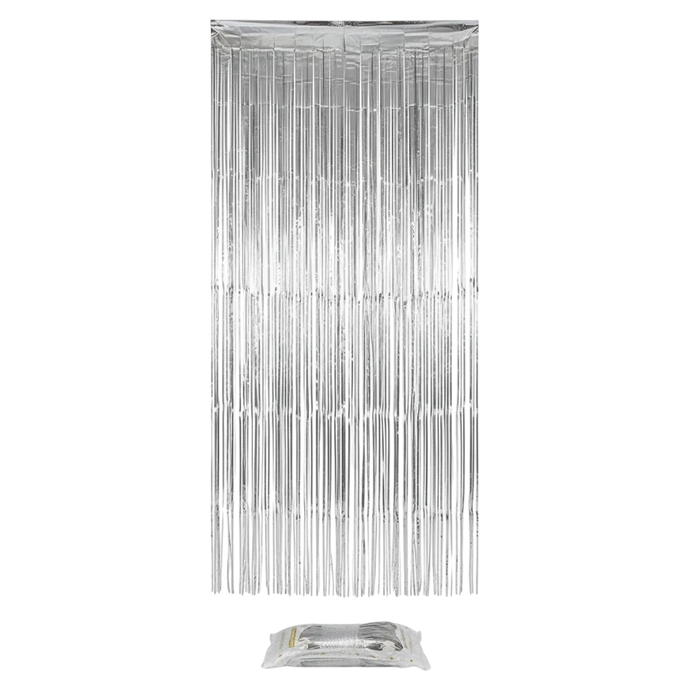 Cortina de flecos PartyStore en color plata con acabado cromado mate, ideal para decoración de fiestas y eventos.