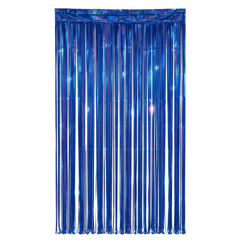 Cortina iridiscente azul rey de PartyStore para decoración de fiestas con flecos brillantes y acabado metálico