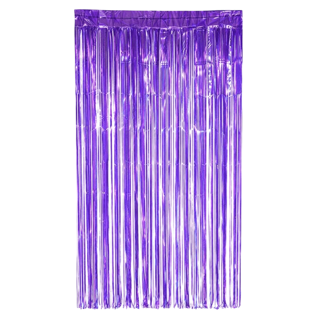 Cortina iridiscente morada PartyStore para decoración de fiestas con acabado brillante y flecos metálicos