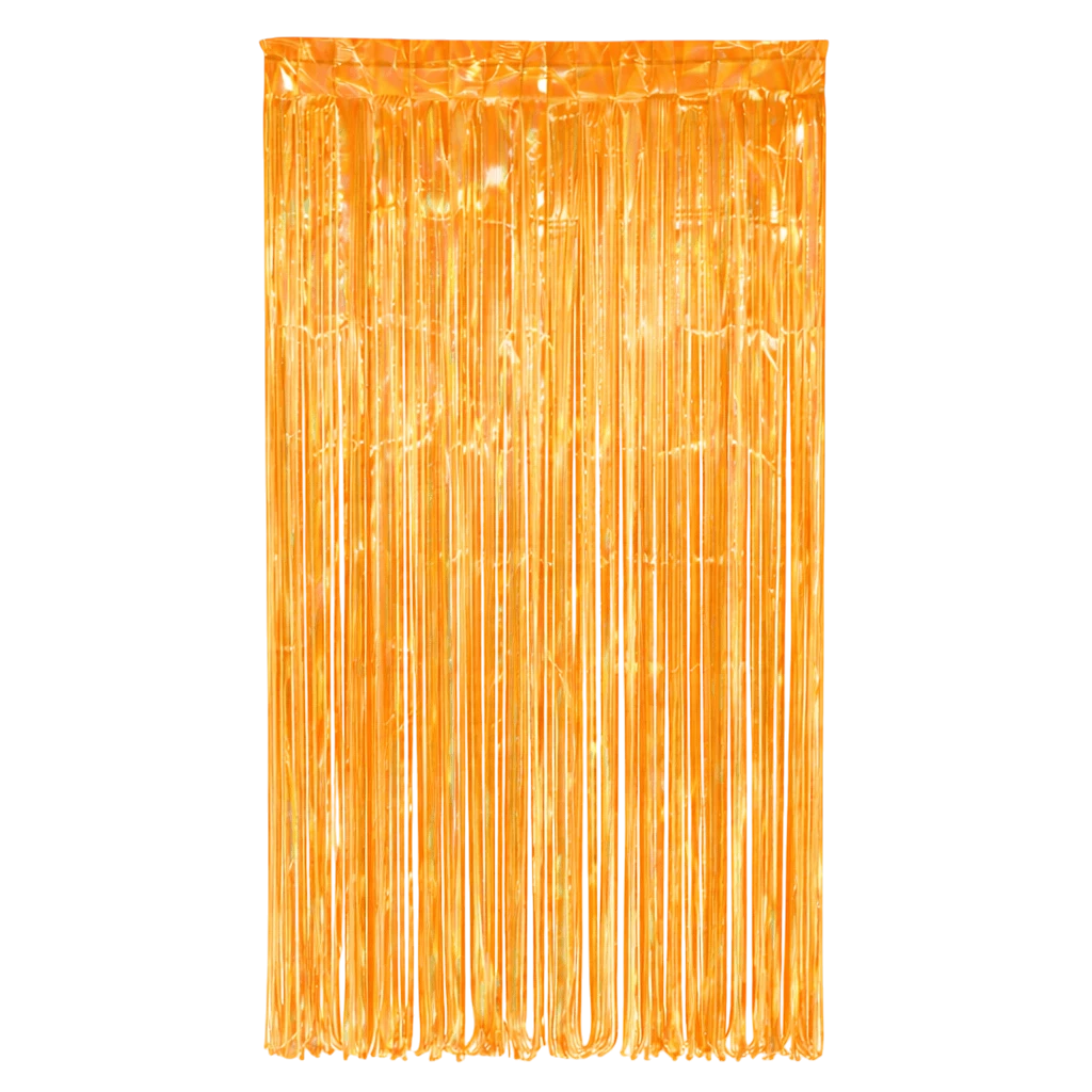 Cortina iridiscente naranja de PartyStore para decoración de fiestas con flecos brillantes
