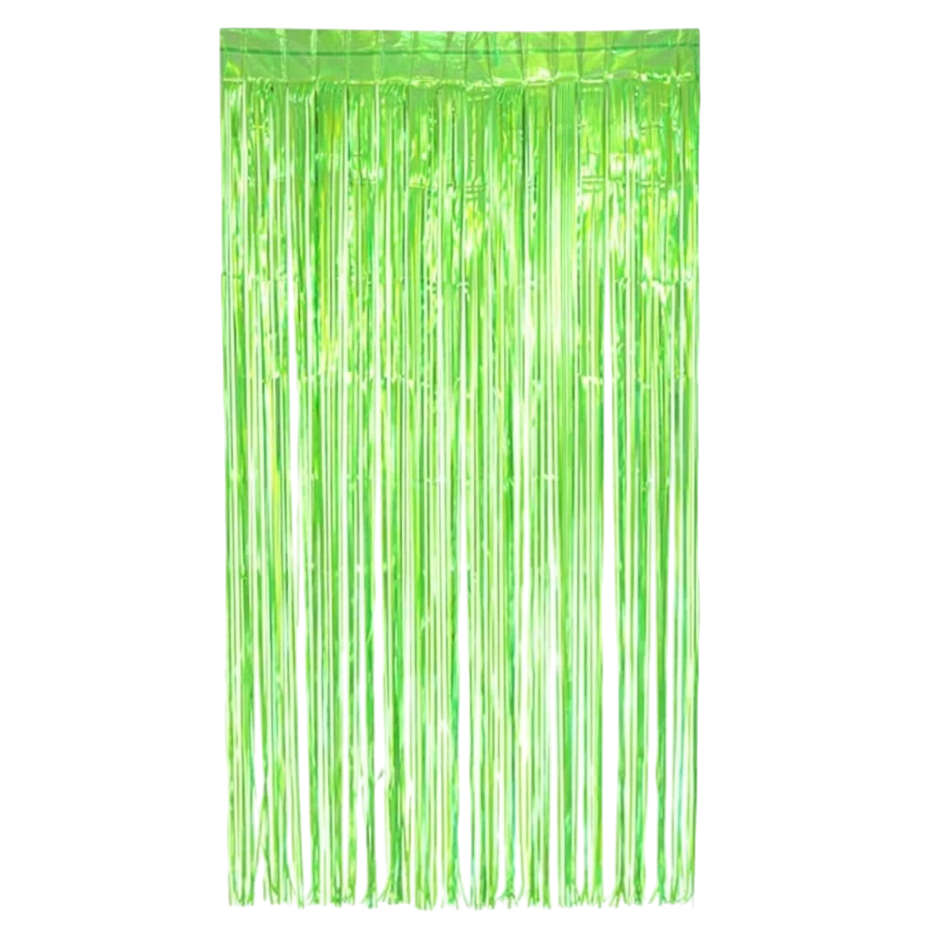 Cortina iridiscente verde de PartyStore para decoración de fiestas con flecos brillantes y acabado metálico