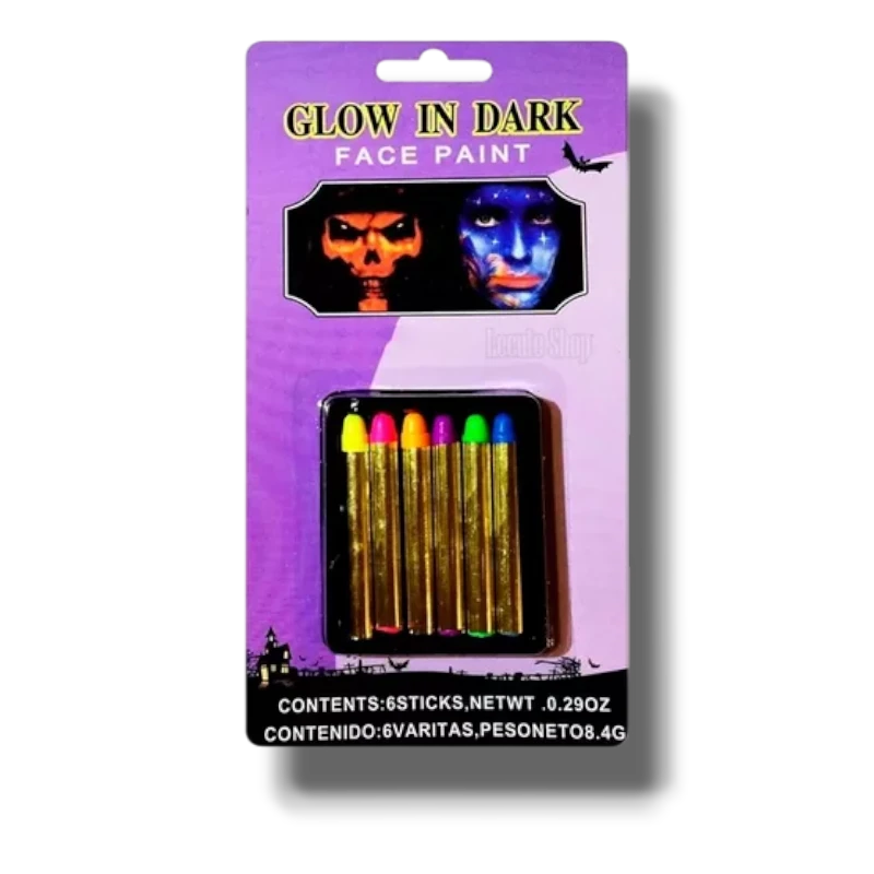 Set de 6 crayones de maquillaje neón PartyStore que brillan en la oscuridad para pintura facial