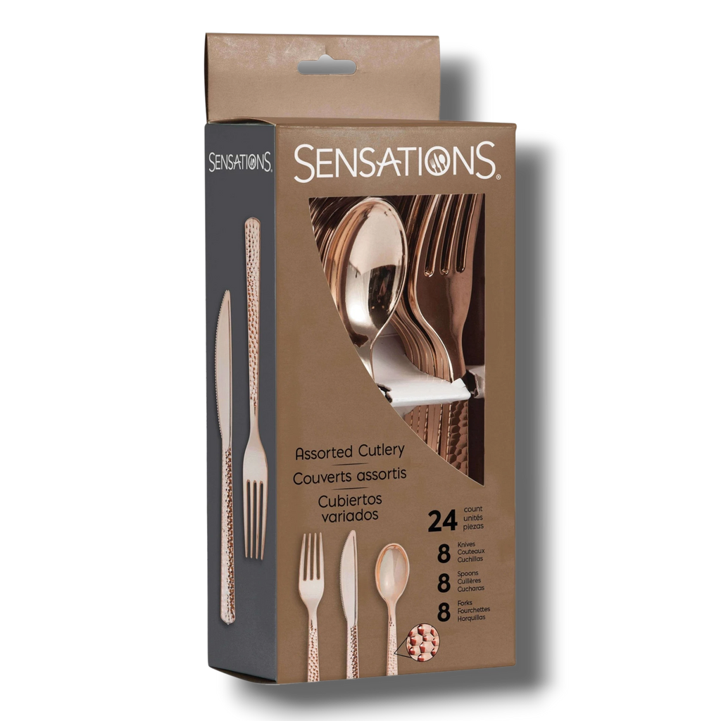Set de 24 cubiertos PartyStore en color oro rosa con acabado martillado, incluye cuchillos, cucharas y tenedores.