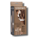 Set de 24 cubiertos PartyStore en color oro rosa con acabado martillado, incluye cuchillos, cucharas y tenedores.