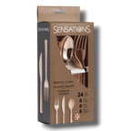 Set de 24 cubiertos PartyStore en color oro rosa con acabado martillado, incluye cuchillos, cucharas y tenedores.